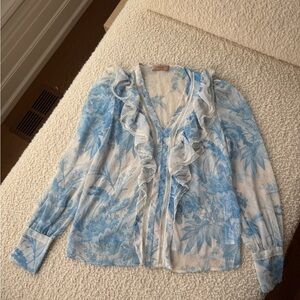 Twin-Set Sheer White Blouse with Blue Floral Print & Ruffle Trim